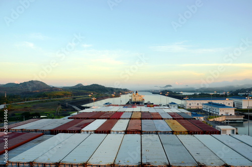 Landscape around the Cocoli Locks in the Panama Canal, view from the cargo ship.