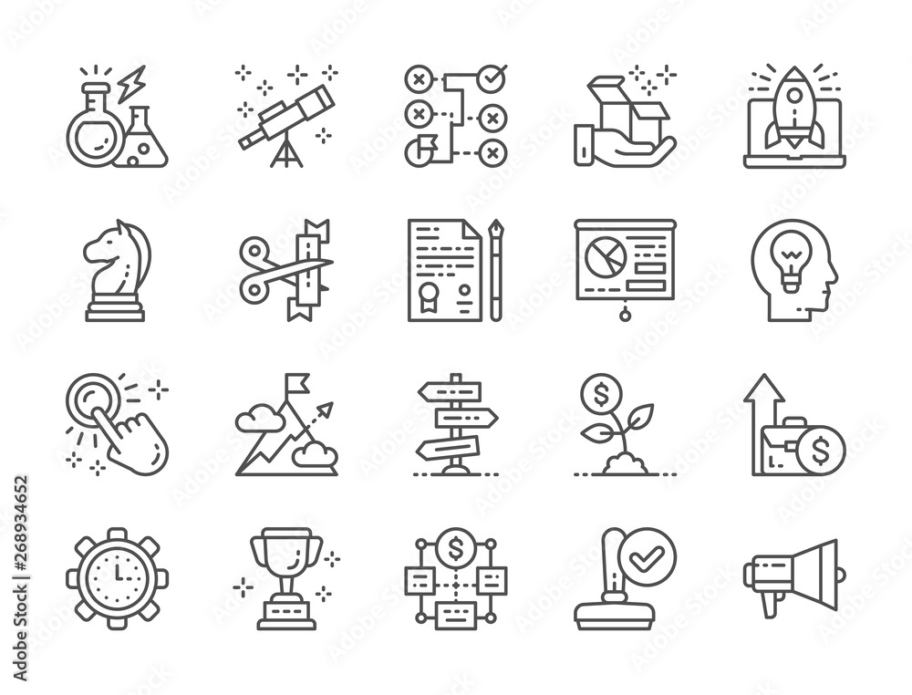 Set of Startup Line Icons. Megaphone, Trophy, Strategy, Money Tree and more.