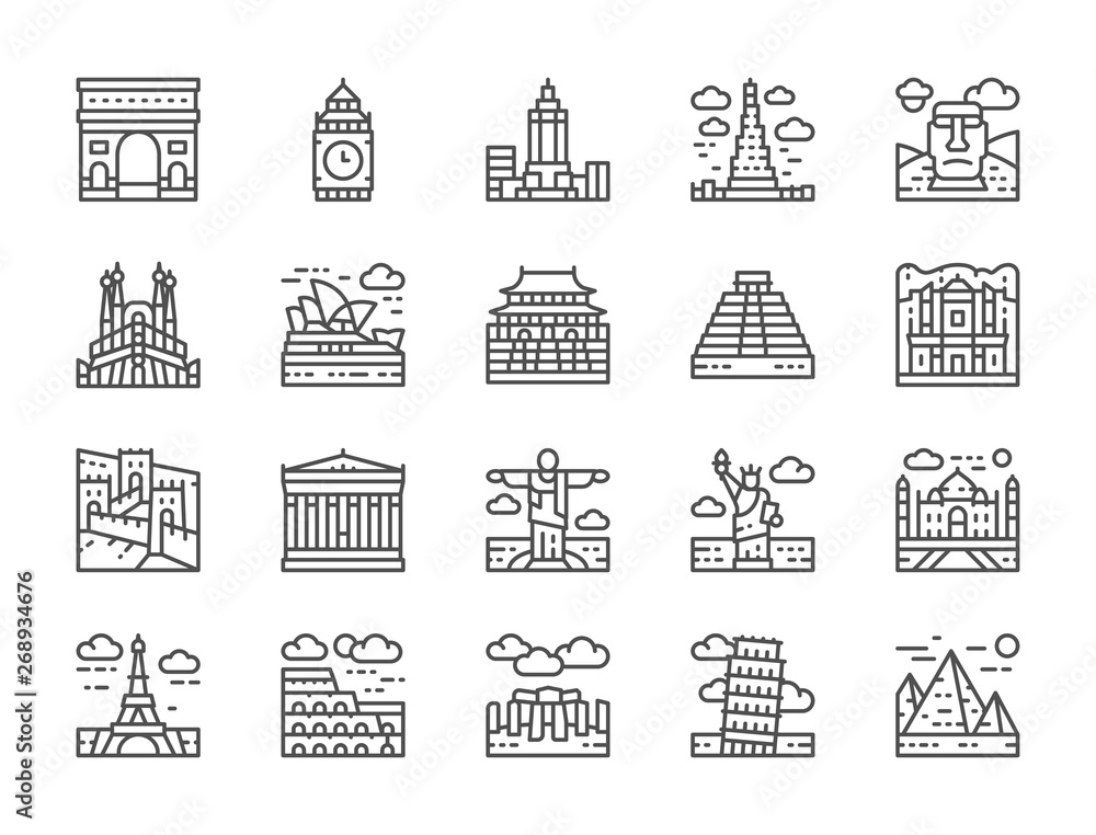Set of World Landmark Line Icons. Egypt, Italy, United Kingdom, France and more.