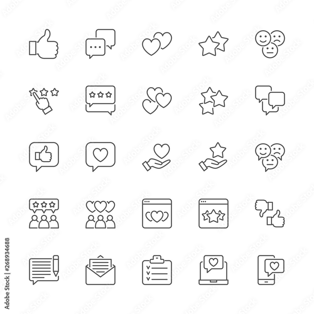 Set of Feedback Line Icons. Thumb Up, Like, Dislike, Hearts, Chat, Sms and more. Set of Feedback Line Icons. Thumb Up, Like, Dislike, Hearts, Chat, Sms and more.