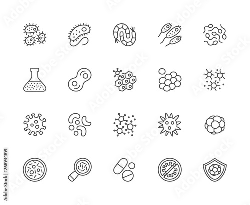 Set of Bacteria Line Icons. Microbe, Germ, Cell, Caviar, Immune System and more.