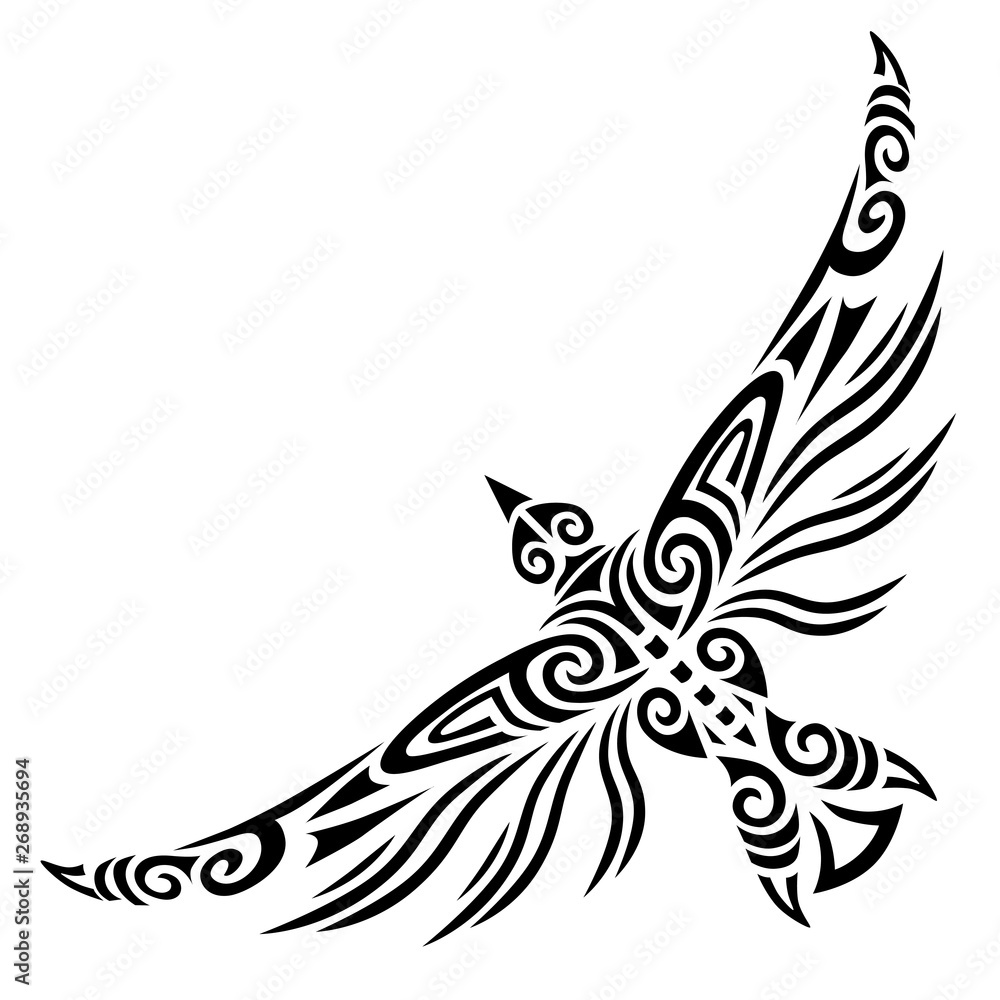 Bird flying tattoo tribal stylised maori koru design Stock Vector | Adobe  Stock