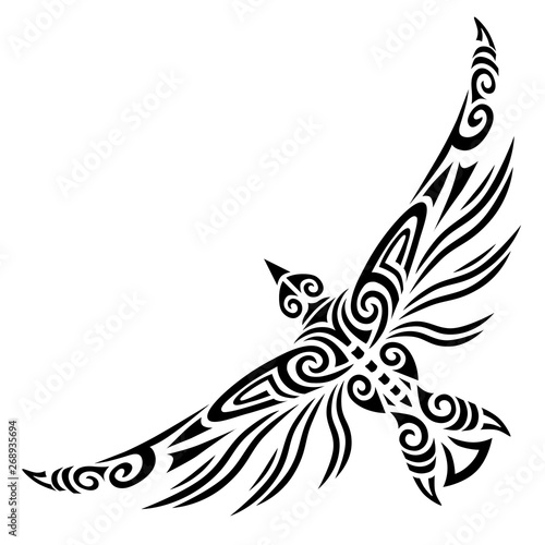 Bird flying tattoo tribal stylised maori koru design