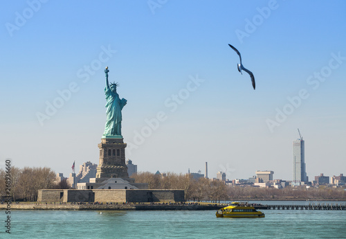 Seagull flying towards the Statue of Liberty