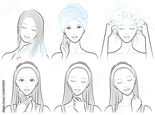 ヘアケアとスキンケアをしている女性のイラスト