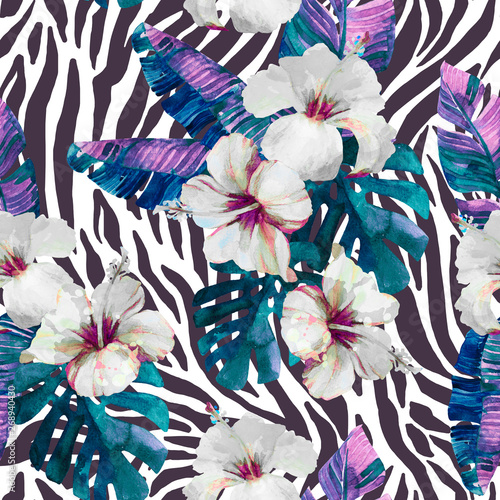 Watercolor tropical flowers and leaves on animal print background