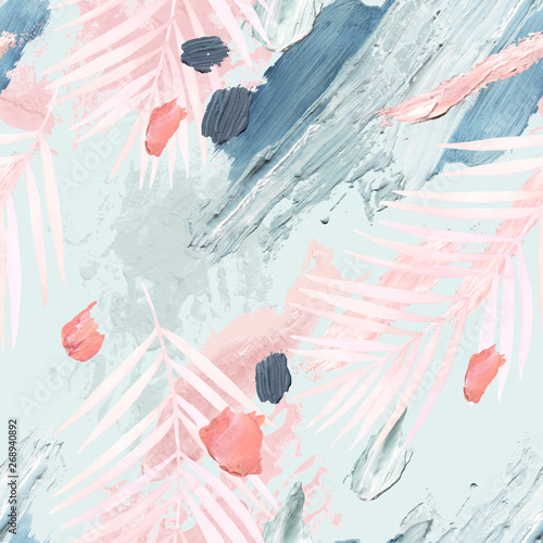 Acrylic, oil paint rough smears, blots, texture, watercolor tropical leaves s...