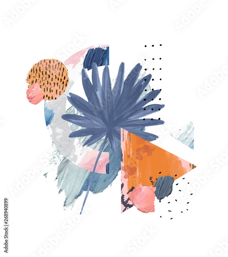 Acrylic, oil paint rough smears, blots, texture, watercolor tropical leaf art