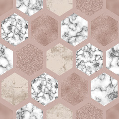 Crédence de cuisine Hexagone patrons Hexagones marbre beige doré  © Tanya Syrytsyna