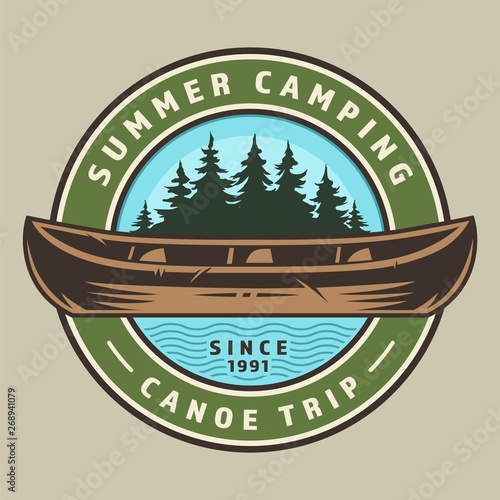 Vintage canoe trip round colorful logo