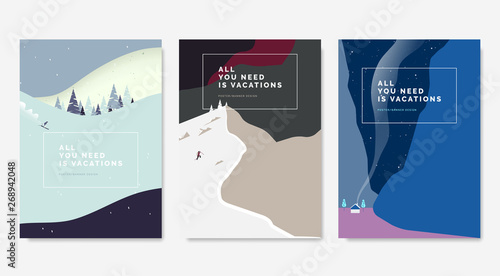 Minimalist landscape poster design, skier skiing downhill on mountain, man climbing snow mountain, small house between mountains at night