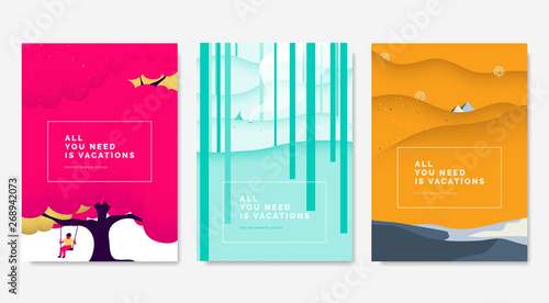 Minimalist landscape poster design, man on swing under blossom tree, tent in the forest and pyramids among desert