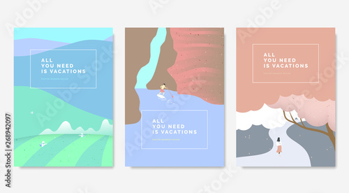 Minimalist landscape poster design, farmer working in tea farm on the mountains, man on surfboard exploring inside canyon, girl walking in the street under cherry blossom tree
