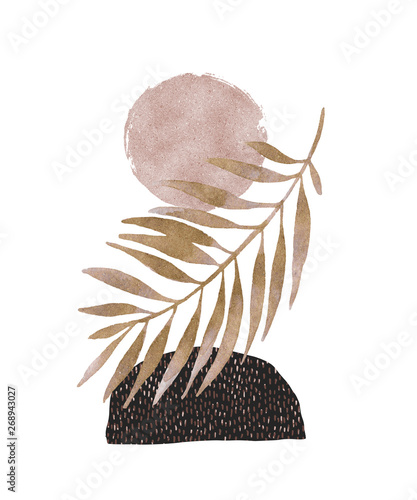 Abstract poster design: minimal shapes, glossy golden tropical leaf.