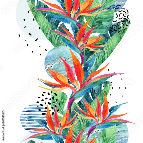 Geometric shapes with watercolor flowers, palm leaves, marble, grunge texture