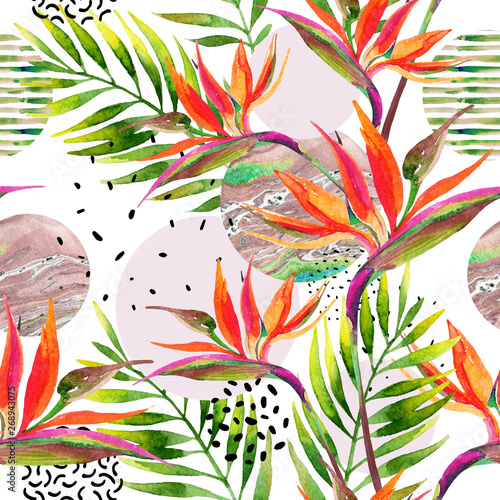 Geometric shapes with watercolor flowers, palm leaves, marble, grunge texture