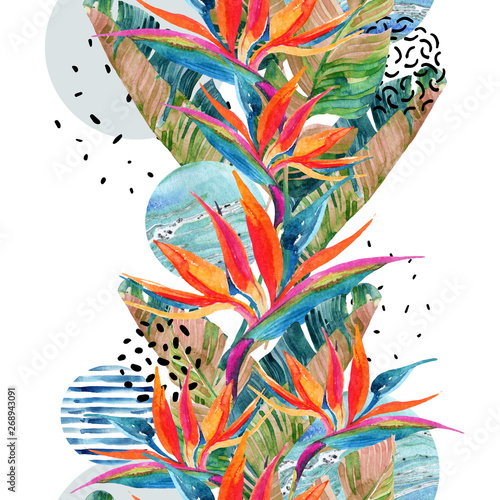 Geometric shapes with watercolor flowers, palm leaves, marble, grunge texture