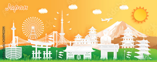 Famous Travel Landmark and Attraction in Japan, Postcard, Poster, Banner, Cover Image, Advertising Template, Object and Element in Paper Cut and Origami Style Panorama Background Vector Illustration
