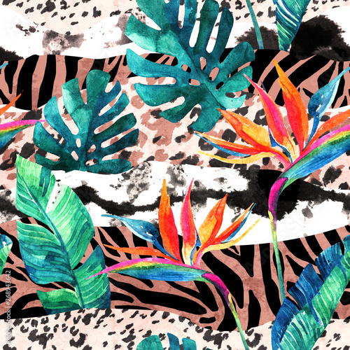 Tropical watercolor bird-of-paradise flower and tropical leaves on striped an...