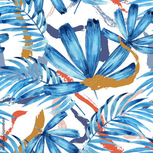 Abstract unusual summer background. Watercolor tropical palm leaves, paint te...