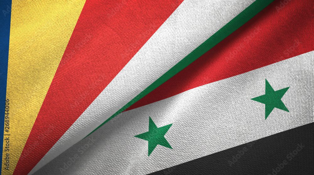 Seychelles and Syria two flags textile cloth, fabric texture Seychelles and Syria two flags textile cloth, fabric texture