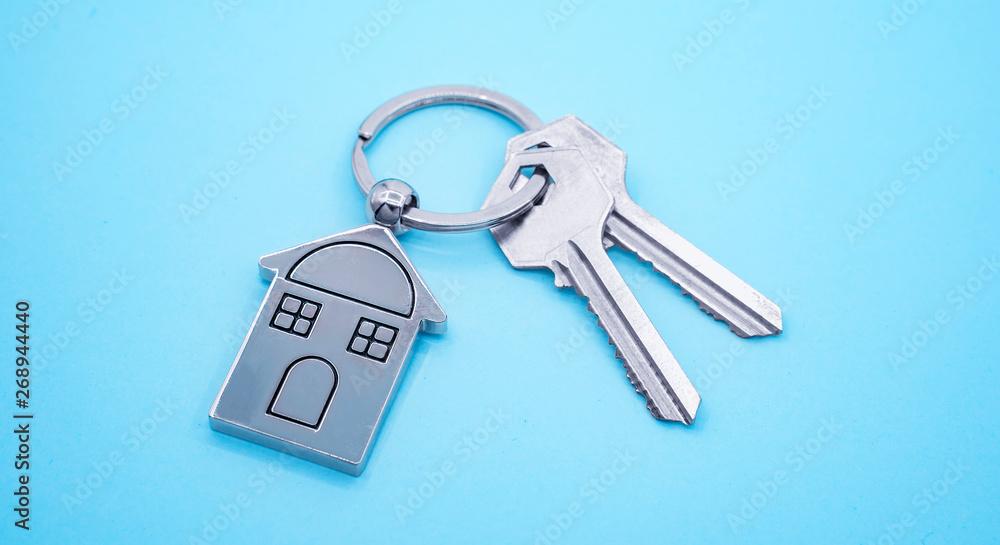 key chain with house symbol and keys on blue background,Real estate concept key chain with house symbol and keys on blue background,Real estate concept