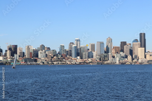 View of a big city from water