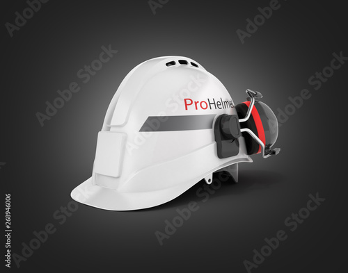 Hard hat safety halmet with earmuffs isolated on black gradient background 3d photo