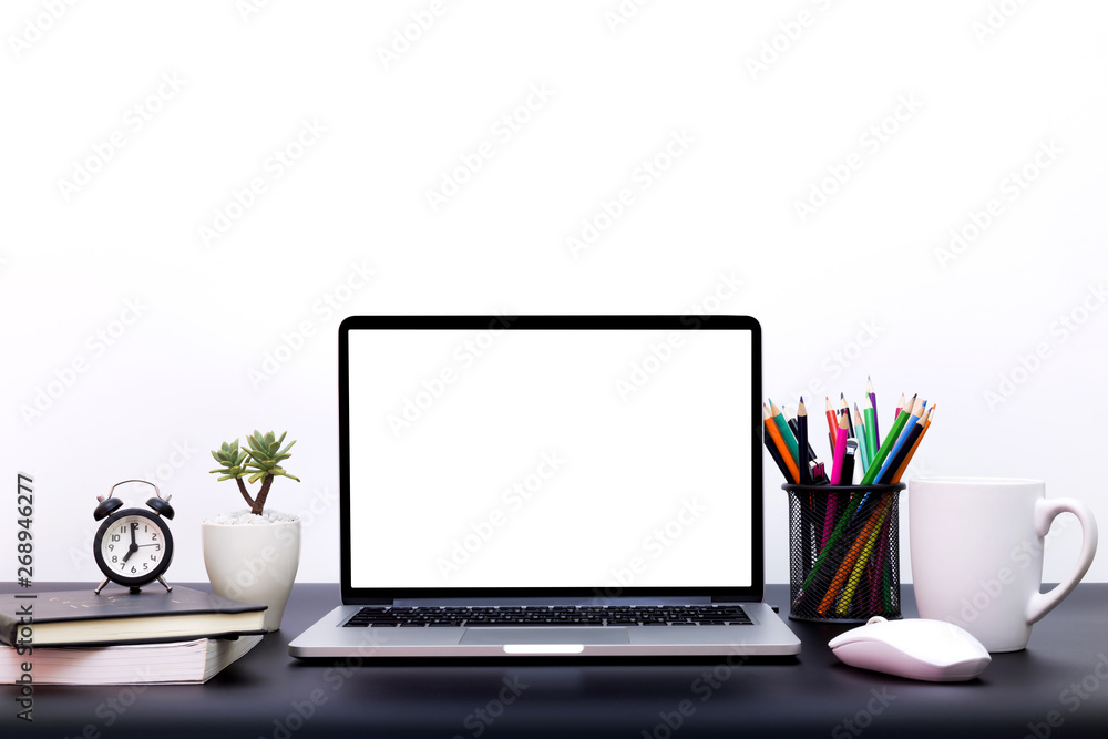 laptop background, workspace with laptop computer, office supplies gadget  at home or studio office. Desk space Mock up blank screen,Front view of  creative designer desktop with blank laptop screen, Stock Photo |
