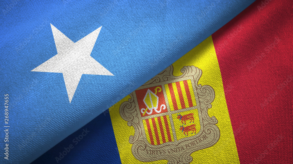 Somalia and Andorra two flags textile cloth, fabric texture Somalia and Andorra two flags textile cloth, fabric texture