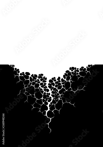 Earth cracks or plant roots on white background. Hole in the cracked concrete wall. Texture design in grunge with stone polygon style.