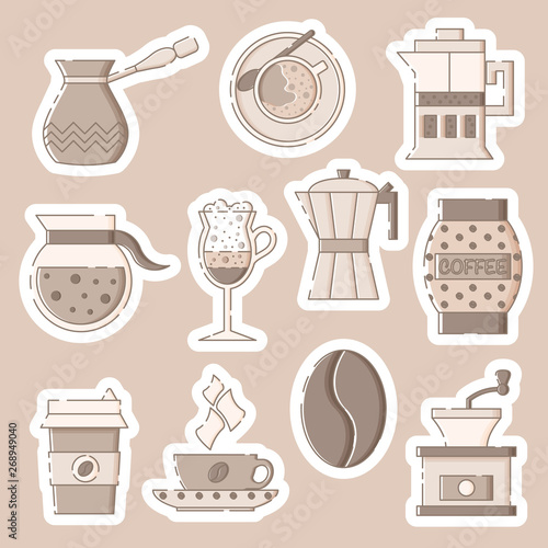 Coffee sticker pack in flat linear style.