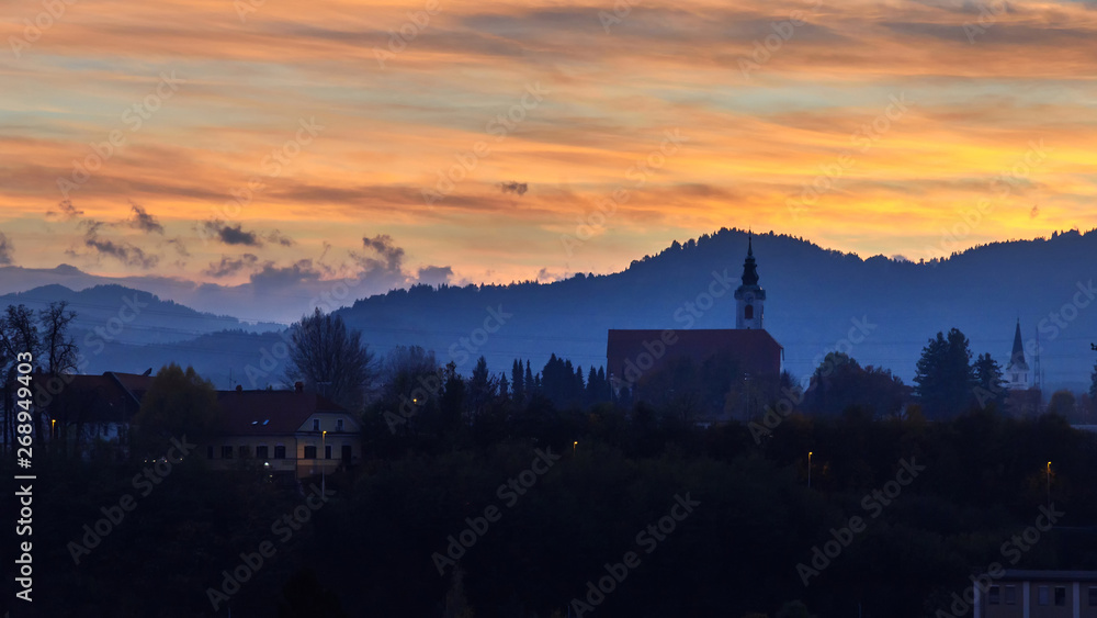 View of church of St. Martina on sunset in Kranj. Slovenia