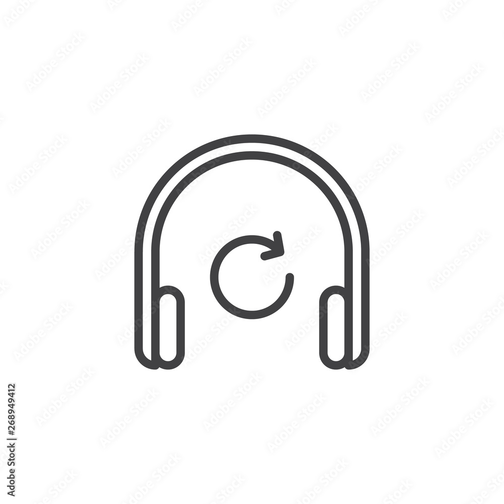 Replay music line icon. linear style sign for mobile concept and web design. Headphones with refresh arrow outline vector icon. Symbol, logo illustration. Vector graphics Replay music line icon. linear style sign for mobile concept and web design. Headphones with refresh arrow outline vector icon. Symbol, logo illustration. Vector graphics