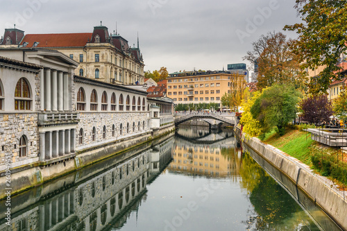 View of Ljubljanica river and Triple Bridge or Tromostovje. Ljubljana. Slovenia