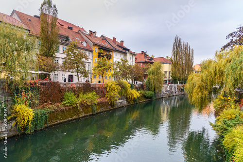View of Ljubljanica river in autumn. Ljubljana. Slovenia photo