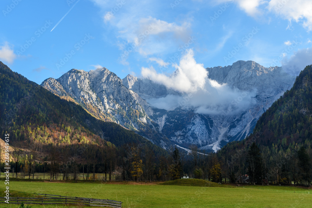 View of Mount Skuta from valley Zgornje Jezersko in northern Slovenia