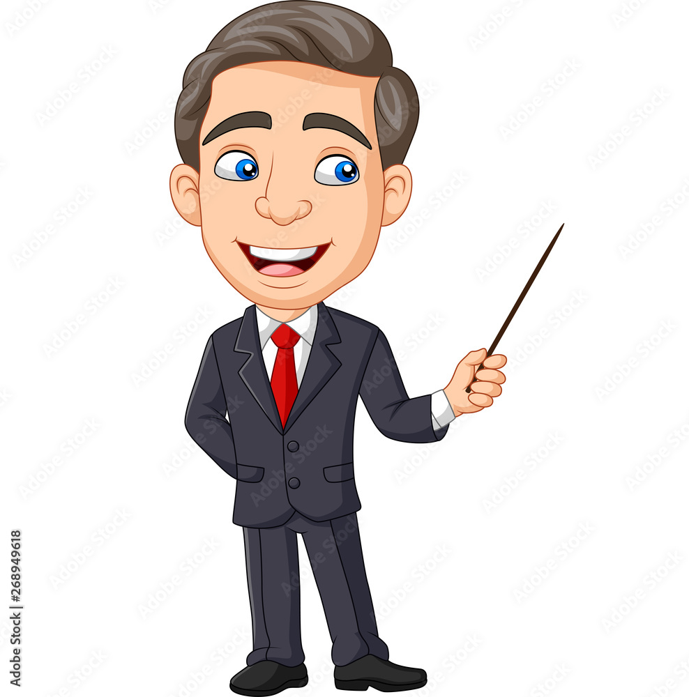 Cartoon young businessman presenting with a pointer