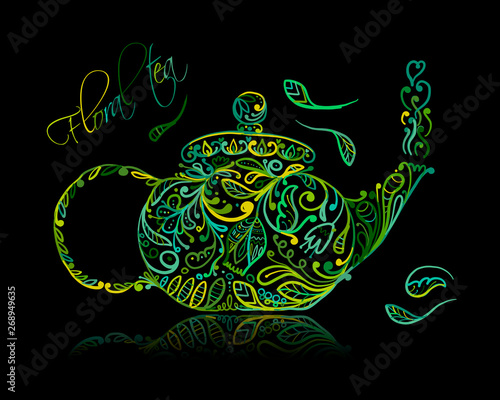 Teapot sketch with green tea for your design