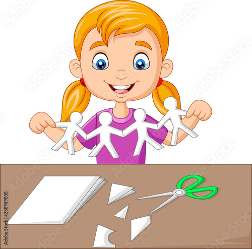 Cartoon little girl making paper people