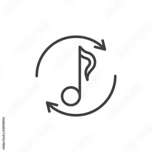 Music synchronize line icon. Musical note and arrows linear style sign for mobile concept and web design. Refresh music note outline vector icon. Symbol, logo illustration. Vector graphics