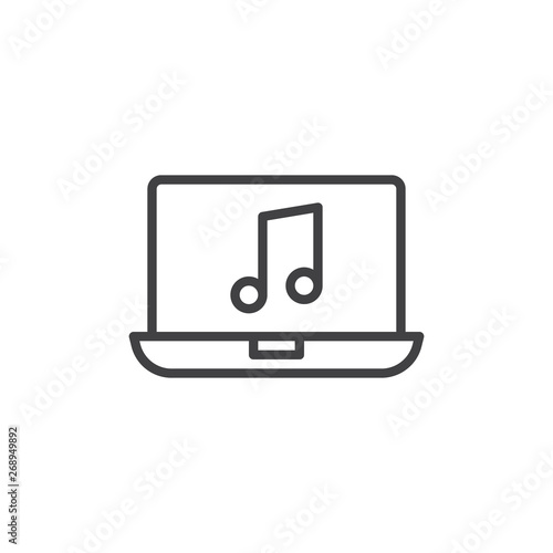 Computer music screen line icon. linear style sign for mobile concept and web design. Laptop and musical note outline vector icon. Symbol, logo illustration. Vector graphics