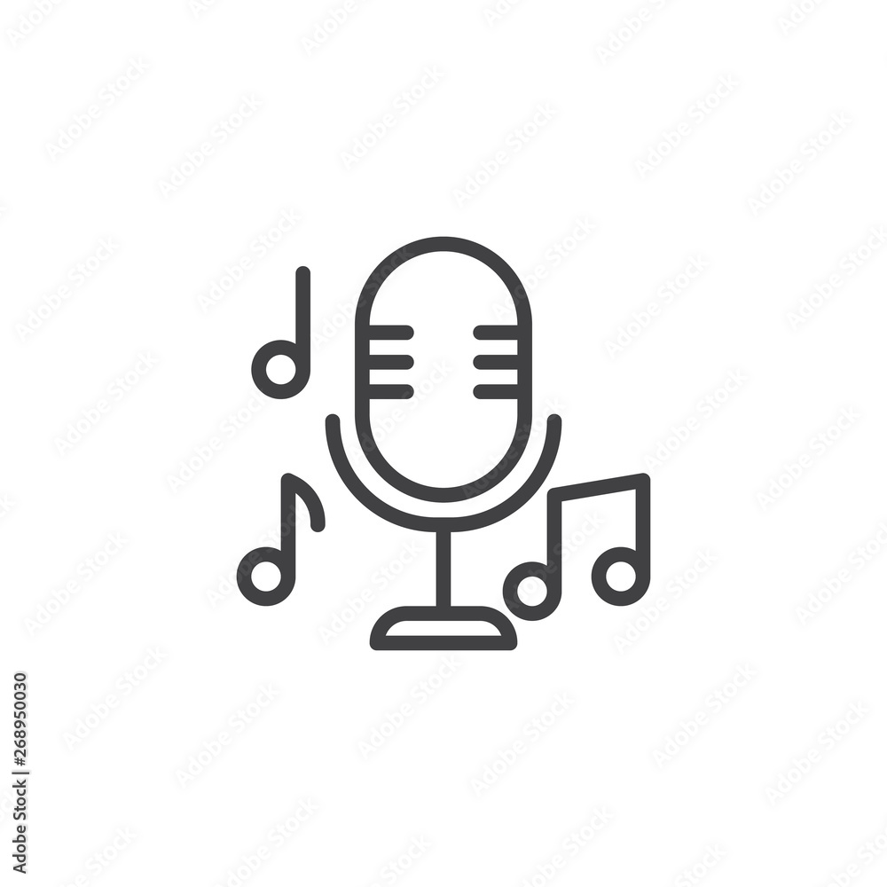 Microphone with music note line icon. linear style sign for mobile concept and web design. Musical note and mic outline vector icon. Symbol, logo illustration. Vector graphics Microphone with music note line icon. linear style sign for mobile concept and web design. Musical note and mic outline vector icon. Symbol, logo illustration. Vector graphics
