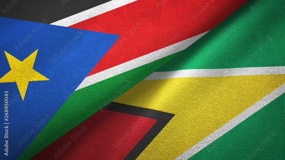 Fototapeta premium South Sudan and Guyana two flags textile cloth, fabric texture