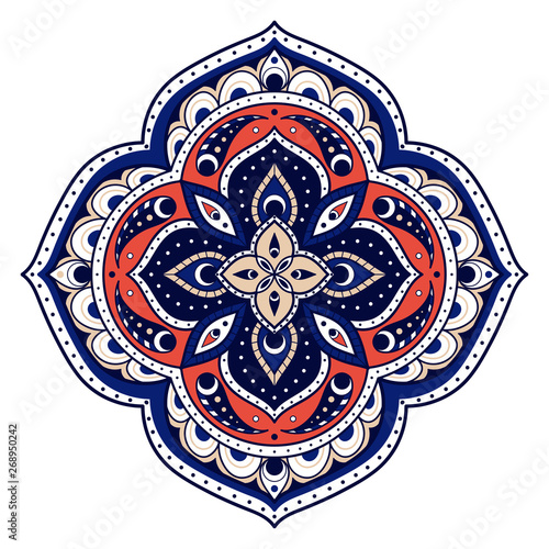 Mandala indian paisley pattern element vector. Flower medallion print. Arabesque floral motifs. Ethnic ornament design for beauty label, yoga emblem, clothing embroidery, oriental symbol.