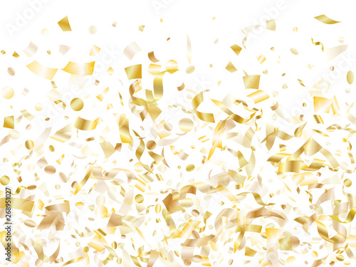 Holiday realistic gold confetti flying