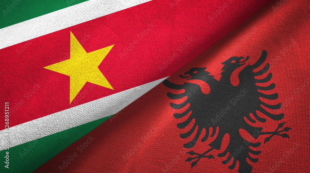 Suriname and Albania two flags textile cloth, fabric texture Suriname and Albania two flags textile cloth, fabric texture