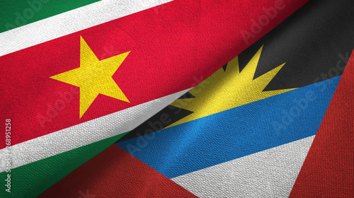 Suriname and Antigua and Barbuda two flags textile cloth, fabric texture 