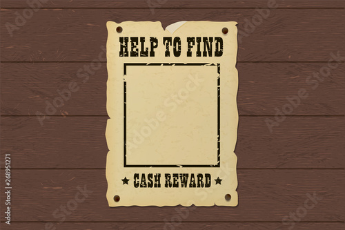 Old ripped missing poster nailed to a wooden bounty board.