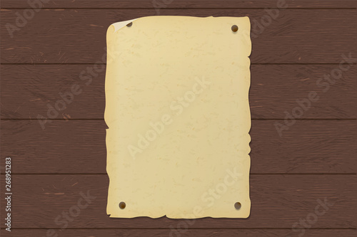 Western vintage brochure nailed to a wooden wall. Old poster for wanted and missing messages